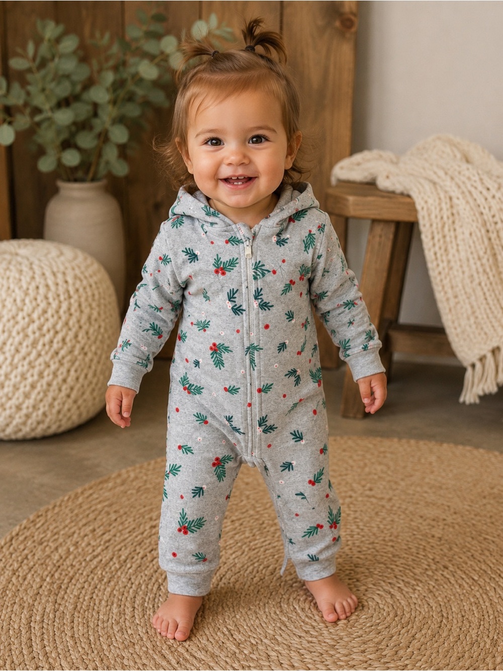 Carter's Grey Hooded One-Piece with Green Leaf and Red Berry Print 12 mo